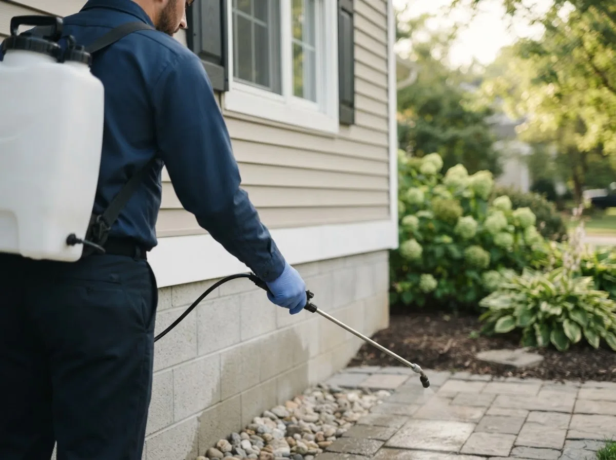 Pest control technician inspecting a home in Hecker, IL